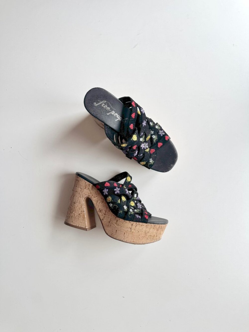 FREE PEOPLE Lisbon Black Suede Floral Embroidered Platform Sandals, Size 38